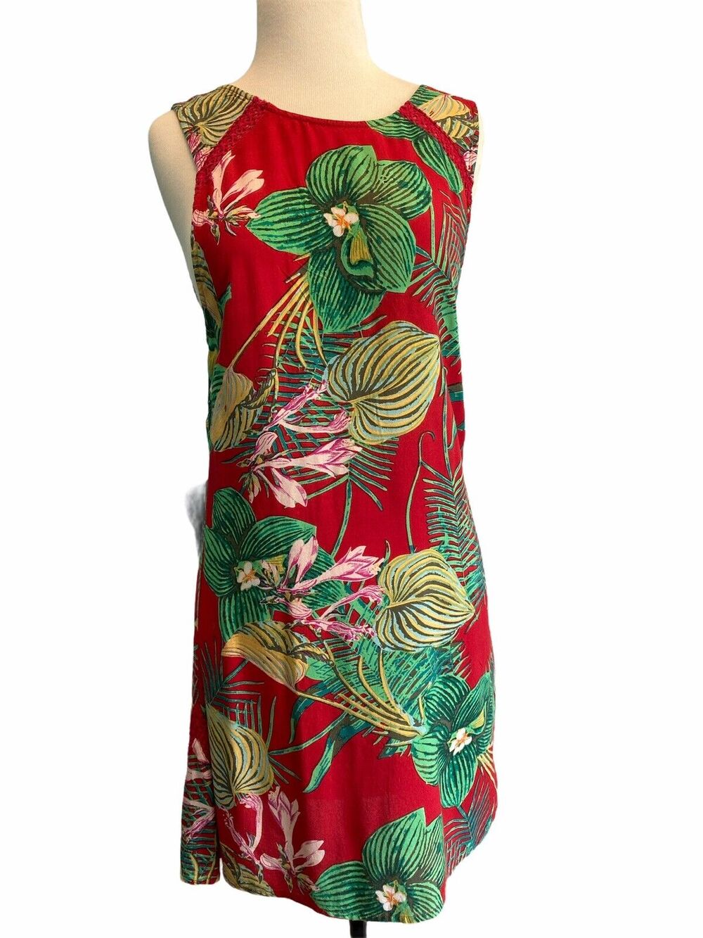 XS ROXY Womens NWT Red Tropical Palm Floral Dress Open Back Shift Crochet